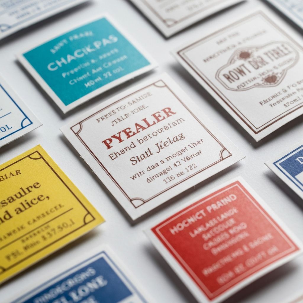 Nahaufnahme kleiner Etiketten mit konzentrierten Texten